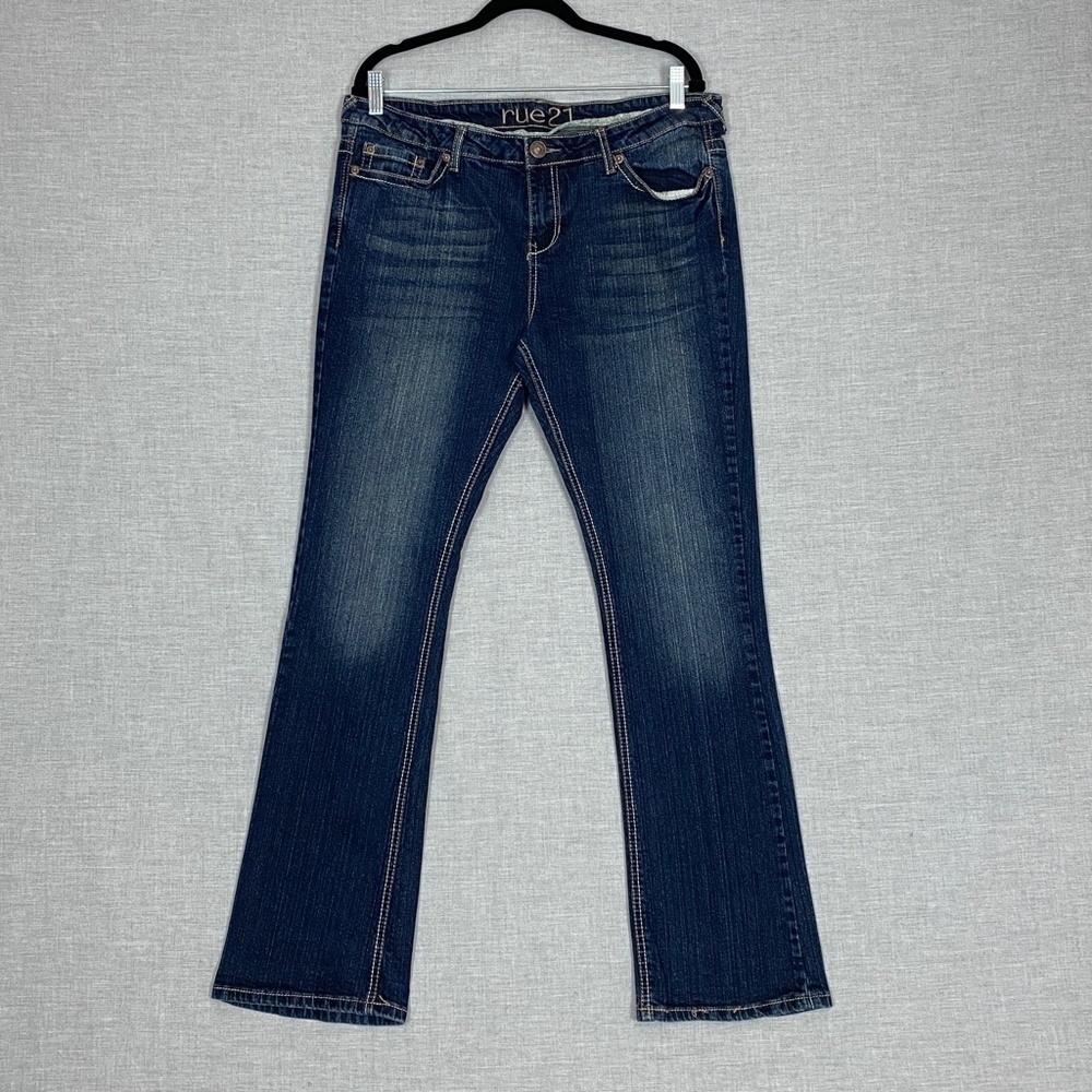 Rue 21 Slim Boot Jeans Sz 13 / 14 Regular Mid Rise Dark Wash Contrast Stitch